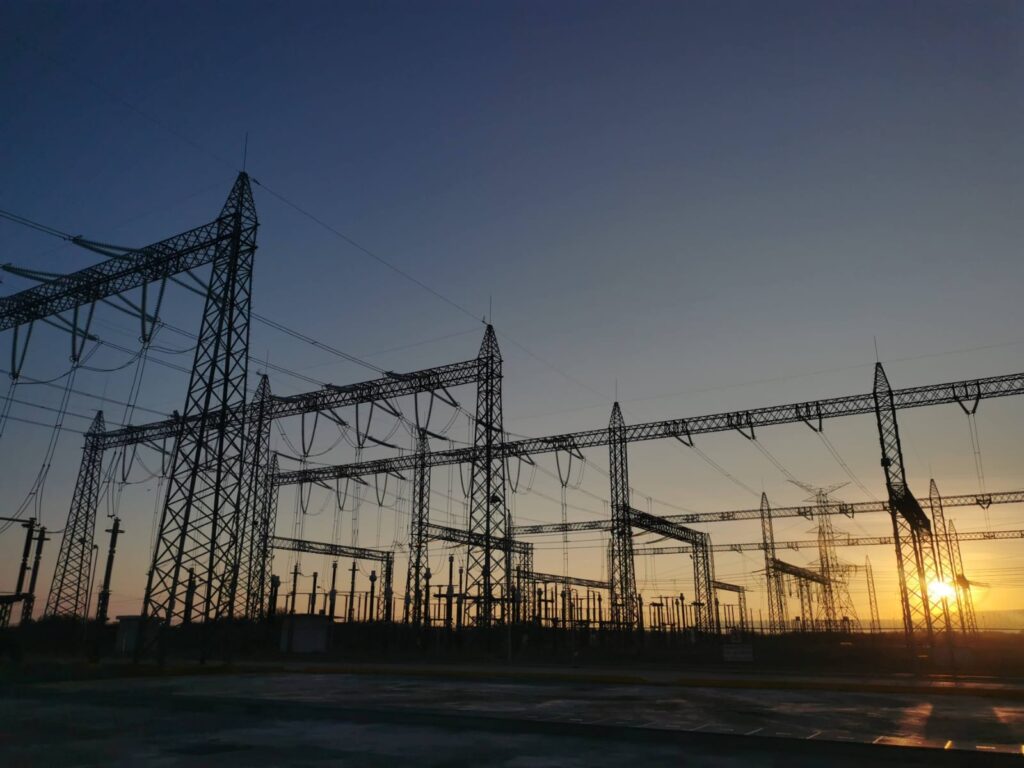 Electrical substation at sunset